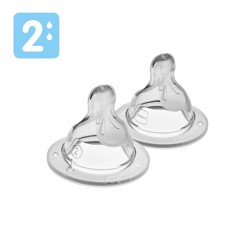 MAM Bottle Nipples Medium Flow Nipple Level 2, for 2+ Months, SkinSoft Silicone Nipples for Baby Bottles, Fits All MAM Bottles, 2 Pack