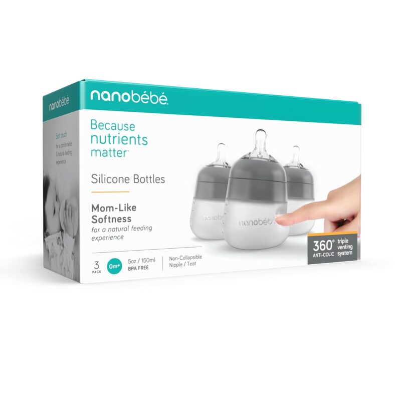 Nanobébé Flexy Silicone Baby Bottle, Anti-Colic, Natural Feel, Non-Collapsing Nipple, Non-Tip Stable Base, Easy to Clean, 3-Pack, Gray, 9oz