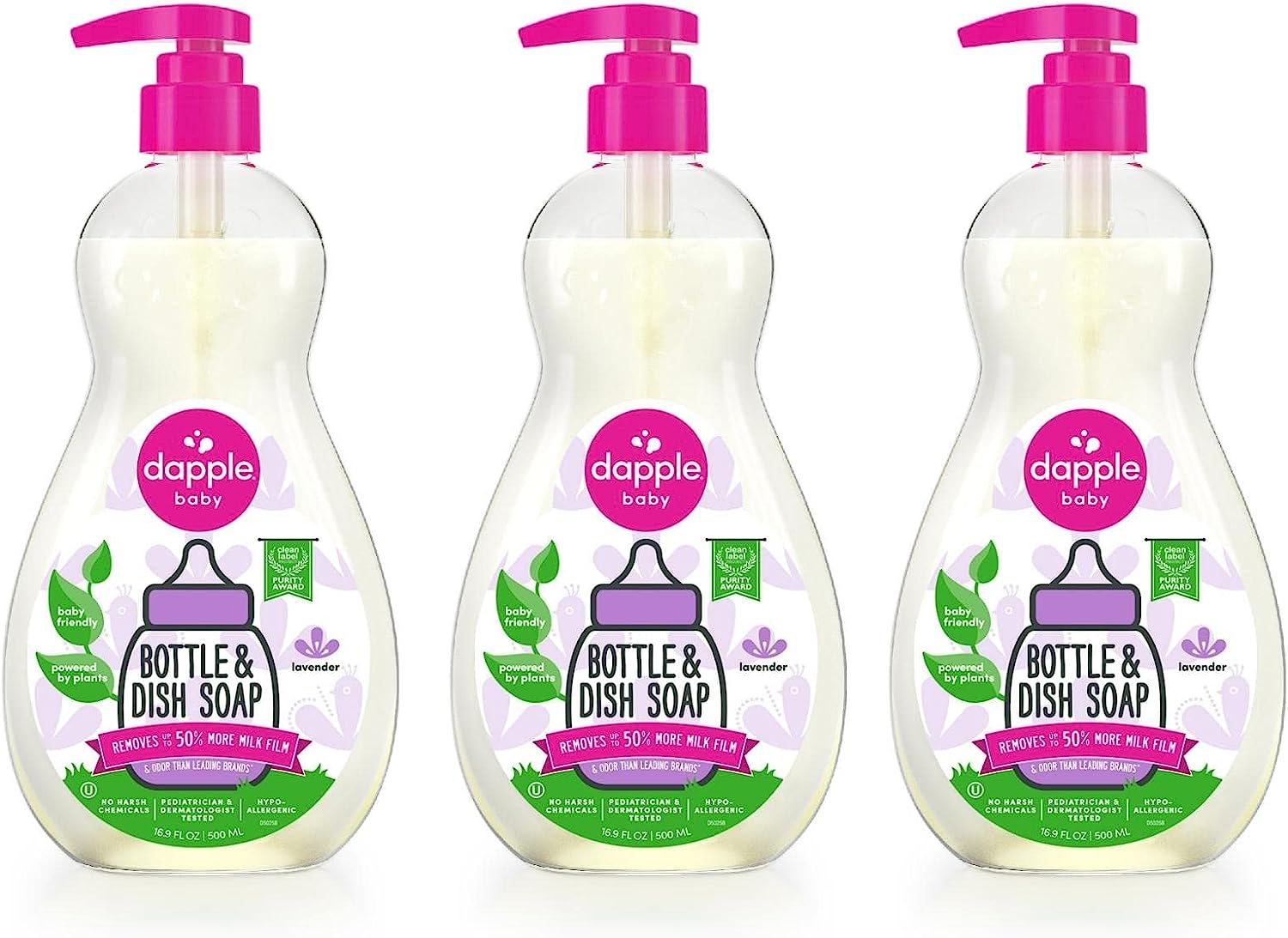 Dapple Baby, Bottle and Dish Soap Dish Liquid Plant Based Hypoallergenic 1 Pump Included, Packaging May Vary, Fragrance Free, 16.9 Fl Oz (Pack of 3)