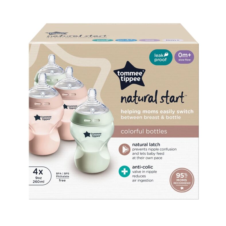 Tommee Tippee Closer To Nature Baby Bottles Slow Flow Breast-Like Nipple With Anti-Colic Valve (9oz, 4 Count)