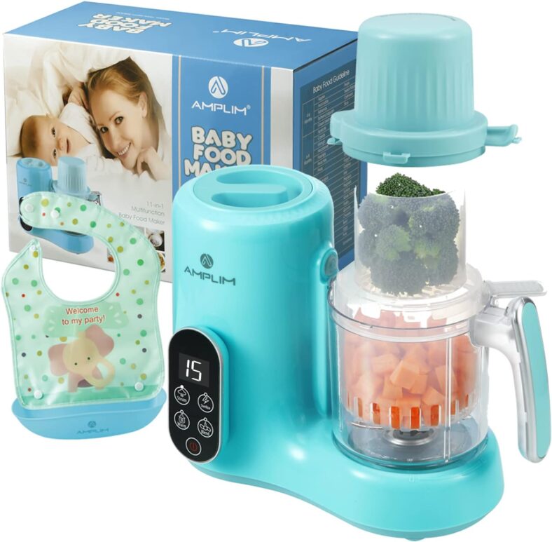 Amplim Baby Food Maker for Nutritious Homemade Meals | 11-in-1 Processor with Steam, Blend, Puree, Grinder, Chopper, Juicer, Defroster, Reheater, Cooker, Meal Station, and Bottle Sanitizer and Warmer