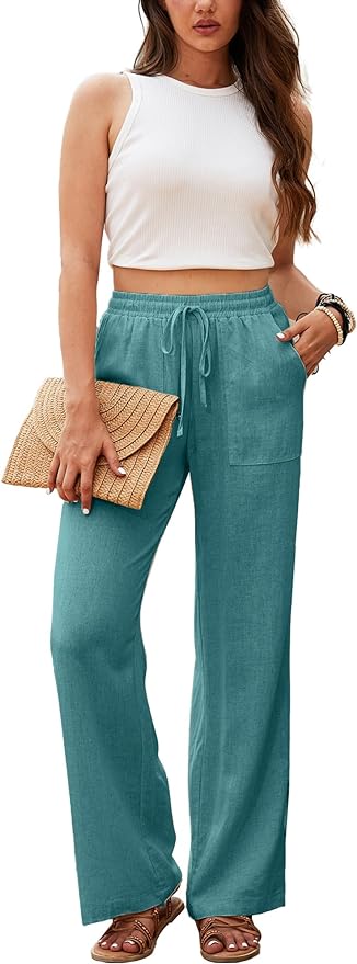 Beautiful Nomad Women’s Linen High Waisted Straight Pants Casual Flowy Wide Leg Drawstring Trousers with Pockets