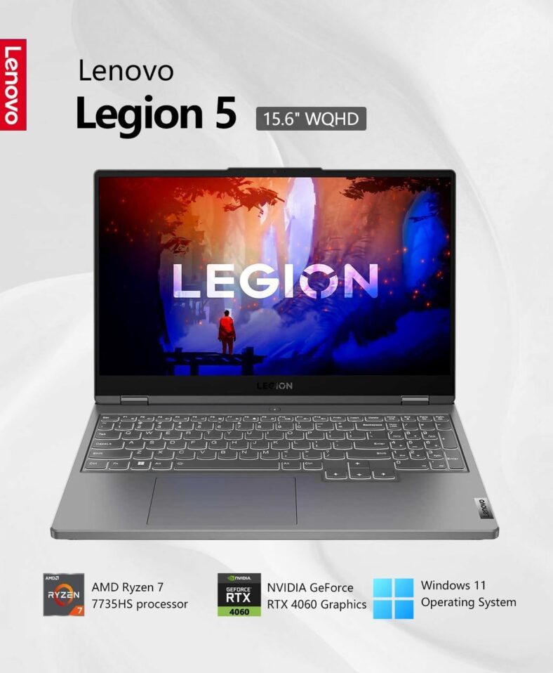 Lenovo Legion 5 Gaming Laptop, 15.6″ WQHD 165Hz Display, 8-Core AMD Ryzen 7 7735HS, NVIDIA Geforce RTX 4060, 32GB DDR5 RAM, 1TB NVMe SSD, Backlit Keyboard, WiFi 6, HDMI, Win 11, w/CUE Accessories